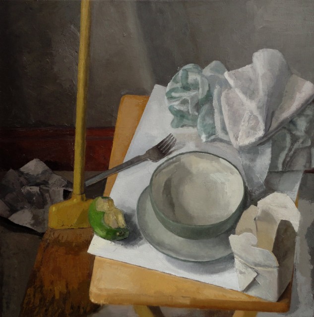 Still life with bowl, apple and broom