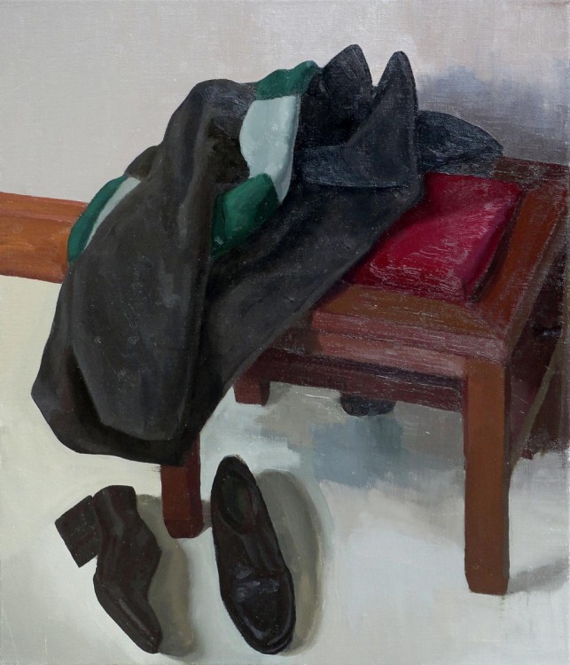 interior with coat, 2013, oil on canvas 32 x 28 in